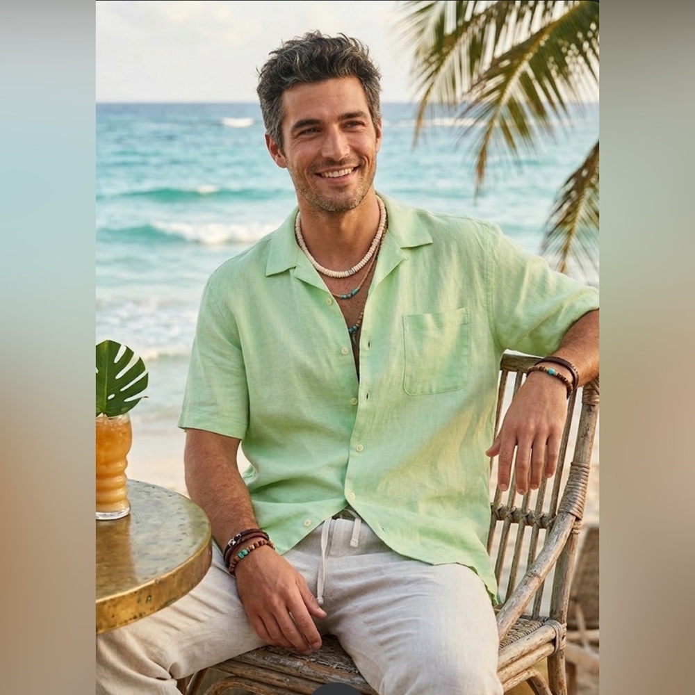 Tommy Bahama Men Camp Buttonup Shirt Green 100% Linen tropical seacore‎ cruise